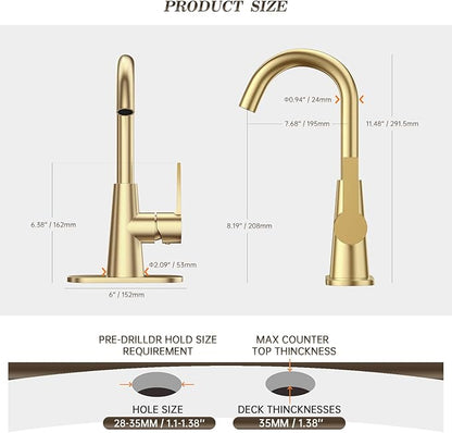 Phiestina Brushed Gold Single-Handle 4 Inch Bathroom Sink Faucet with Deck Plate and Supply Hoses, Bar Sink Faucet/Pre-Kitchen Sink Faucet with 360 Degree Rotation Spout, WE10-BG