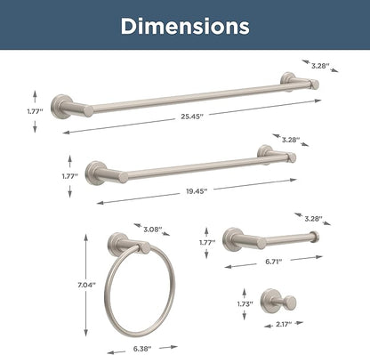 Franklin Brass Wake 5-Piece Bathroom Set SpotShield Brushed Nickel 18" & 24" Towel Bar Racks, Toilet Paper Holder, Ring, Hook | Accessories | Hardware | Fixtures WAK65-BN