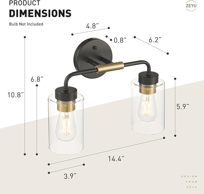 zeyu 2-Light Modern Vanity Lighting Fixture, 14 Inch Black and Gold Bathroom Light Fixture with Clear Glass Shade, ZS62B-2W BK+BG