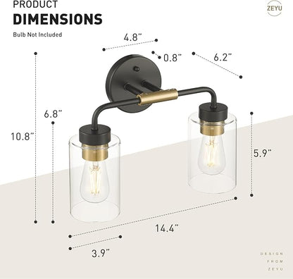 zeyu 2-Light Modern Vanity Lighting Fixture, 14 Inch Black and Gold Bathroom Light Fixture with Clear Glass Shade, ZS62B-2W BK+BG