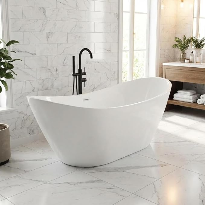 59" Freestanding Acrylic Bathtub, Deep Soaking Tub with Non-Slip Base, cUPC Certified, Chrome Pop-Up Drain and Overflow, White