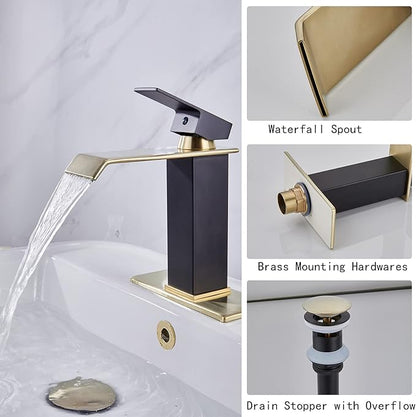 Waterfall Faucet Bathroom Brushed Golden Black Basin Vanity Sink Faucets Single Handle 1 Hole with Deck Plate Pop Up Drain Stopper Overflow Modern