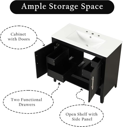 LUMISOL 36 Inch Bathroom Vanity with Ceramic Sink, Modern Black Bathroom Sink Cabinet with 2 Drawers, Storage Racks & Open Shelf, Solid Wood Bathroom Vanity with Sink Combo, Black