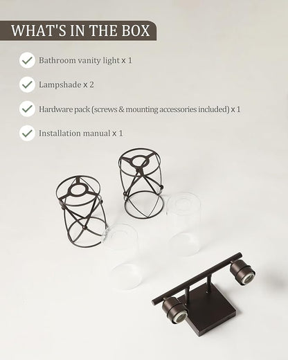 2-Light Oil Rubbed Bronze Bathroom Light Fixtures Over Mirror, 13.2" UL-Listed Modern Farmhouse Wall Sconce Lights with Clear Glass and Metal Cage for Bath, Hardwire E26, CH9176ORB-2W