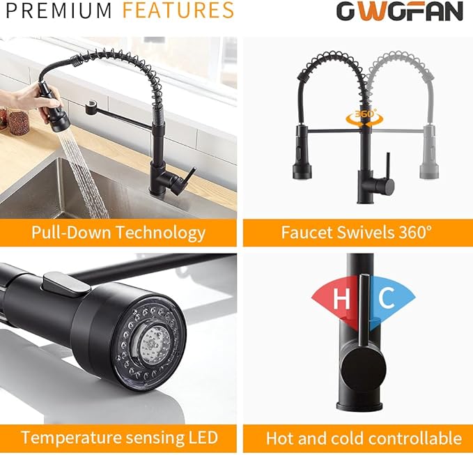 OWOFAN Kitchen Faucet with Sprayer Single Handle Pull Down Sprayer Spring Matte Black Kitchen Sink Faucet with LED Light 9005R