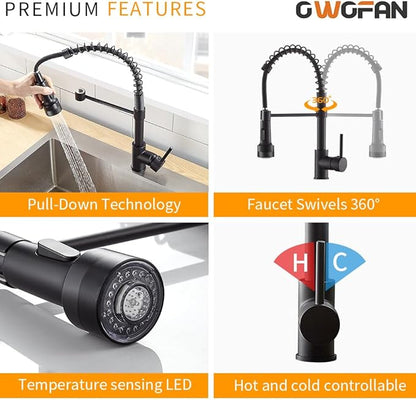 OWOFAN Kitchen Faucet with Sprayer Single Handle Pull Down Sprayer Spring Matte Black Kitchen Sink Faucet with LED Light 9005R