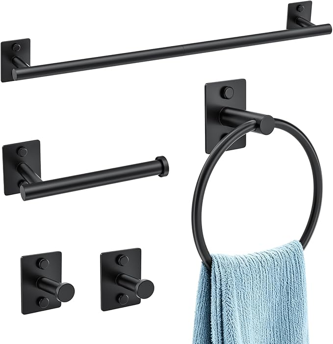 5 Pieces Bathroom Hardware Accessories Set Matte Black Towel Bar Set Stainless Steel Wall-Mounted 23.6 Inch Towel Holder