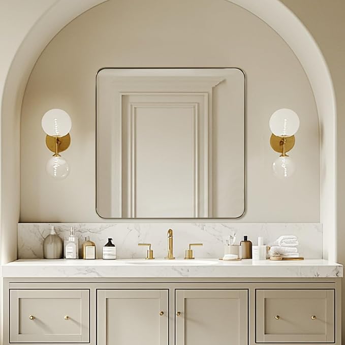 Gold Bathroom Mirrors for Over Sink, 30x30 InchBrushed Gold Wall Mirror, Rectangular Metal Framed Vanity Mirror -Modern Clean Design with Superior Stainless Steel Frame