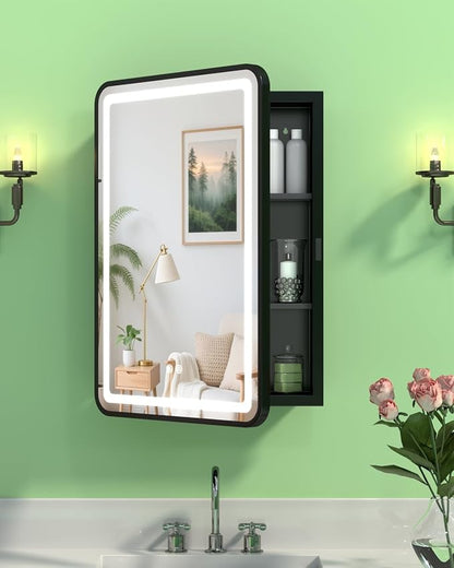 16x24 Inch LED Medicine Cabinet Mirror, Bathroom Mirror with Lights and Storage Wall Mounted & Recessed with Anti-Fog, Dimmable 3 Color Light with Memory, 2 Shelves & 1 Organizer Box, Left Hinge