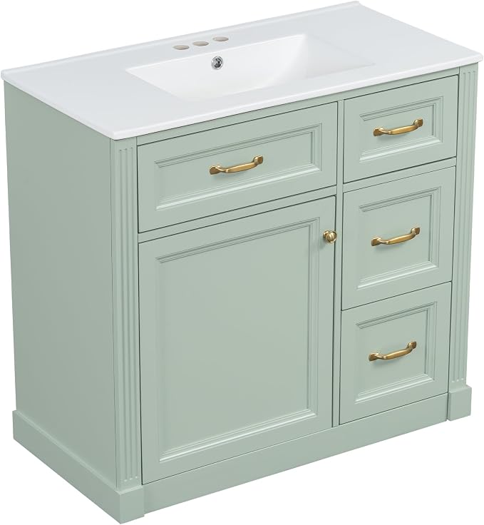36" Bathroom Vanity with Ceramic Sink,Modern Freestanding Storage Cabinet w/Soft-Close Door and 2 Tip-Out & 2 Drawers,Undermount Single Basin Bath Vanity Set w/Adjustable Shelf,Green