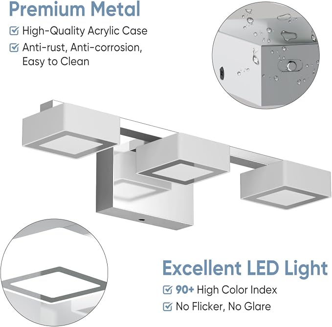 LED Modern Bathroom Light Fixtures Over Mirror, 3-Light Dimmable Vanity Lights, Chrome Acrylic Bathroom Vanity Light, 2700K-6500K Adjustable, ETL Certificated
