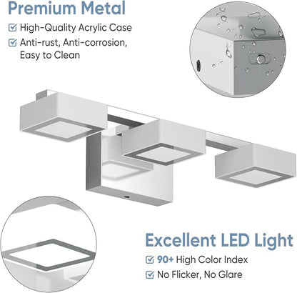 LED Modern Bathroom Light Fixtures Over Mirror, 3-Light Dimmable Vanity Lights, Chrome Acrylic Bathroom Vanity Light, 2700K-6500K Adjustable, ETL Certificated