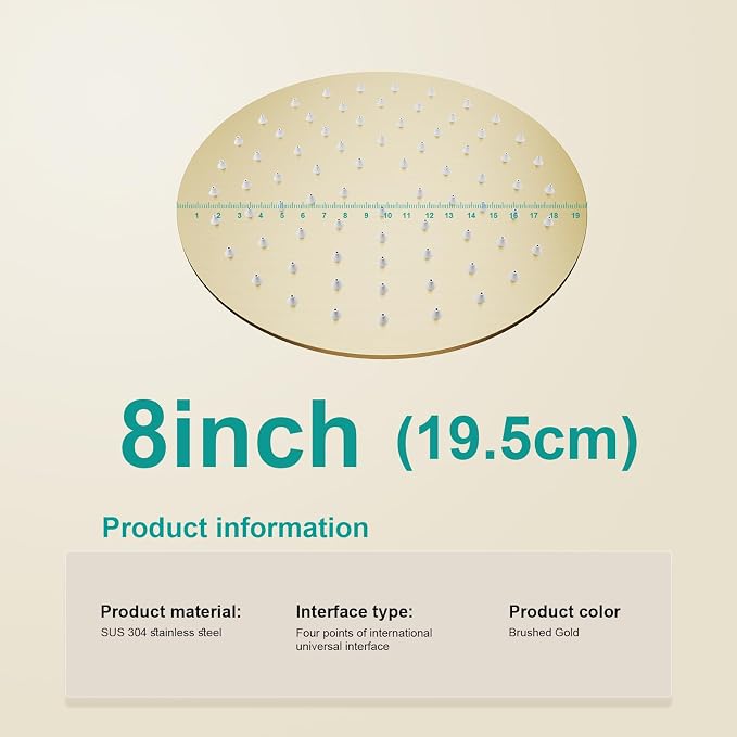 All Metal Rain Shower Head - Heavy Duty Stainless Steel, Easy Install, High Water Flow, Ultra-Thin Modern Design for Bathroom (F-Brushed Gold, 8)