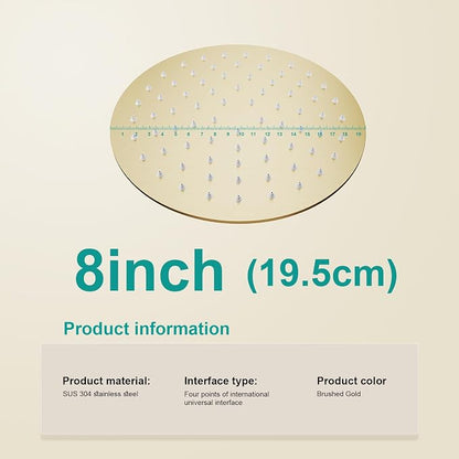 All Metal Rain Shower Head - Heavy Duty Stainless Steel, Easy Install, High Water Flow, Ultra-Thin Modern Design for Bathroom (F-Brushed Gold, 8)