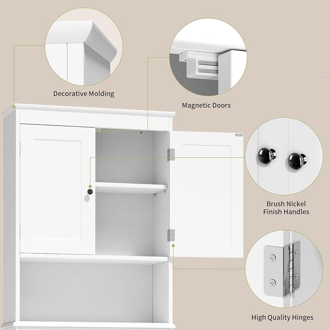 Gizoon Over the Toilet Storage Cabinet with Adjustable Shelf, White | Bathroom Space Saver Organizer Above Toilet with Open Shelf and Double Doors, Taller Wooden Free Standing Toilet Rack