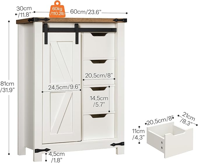 HOOBRO Bathroom Storage Cabinet, Farmhouse Cabinet with Sliding Barn Door, Adjustable Shelf and 4 Drawers, 11.8" D x 23.6" W x 31.9" H, Freestanding for Bathroom, Kitchen, White and Walnut