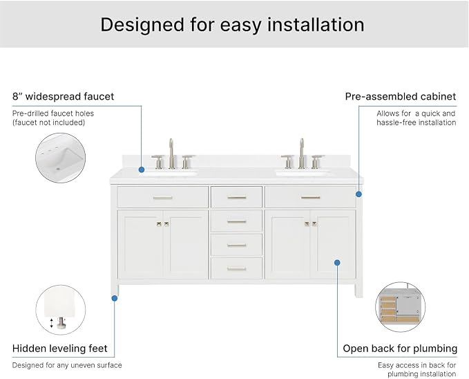 ARIEL Bristol 72-inch Bathroom Vanity with Sink,Solid Wood, 1.5-inch Carrara White Quartz Countertop & Backsplash, Double Rectangular Porcelain Sink, 4 Soft Closing Doors, 4 Dovetail Drawers, White