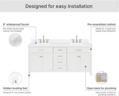 ARIEL Bristol 72-inch Bathroom Vanity with Sink,Solid Wood, 1.5-inch Carrara White Quartz Countertop & Backsplash, Double Rectangular Porcelain Sink, 4 Soft Closing Doors, 4 Dovetail Drawers, White