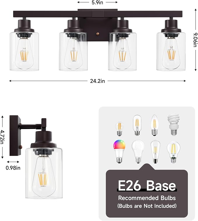 Oil Rubbed Bronze Vanity Lights for Bathroom,4-Light 24" | Bathroom Light Fixtures,Modern Bronze Bathroom Lighting over Mirror,Clear Glass Shades,over Sink