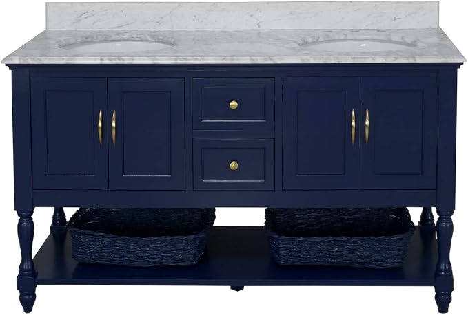 Beverly 60-inch Double Bathroom Vanity (Carrara/Royal Blue): Includes Royal Blue Cabinet with Authentic Italian Carrara Marble Countertop and White Ceramic Sinks