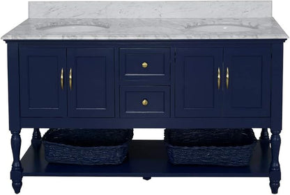 Beverly 60-inch Double Bathroom Vanity (Carrara/Royal Blue): Includes Royal Blue Cabinet with Authentic Italian Carrara Marble Countertop and White Ceramic Sinks