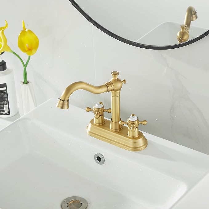 Bathroom Faucet Antique Brass 2 Handles 4 Inches Centerset Bathroom Vanity with Drain Assembly and Supply Hose Lavatory Faucet