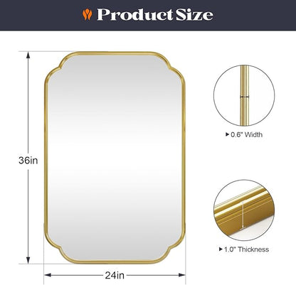 Gold Bathroom Scalloped Mirror, 24” x 36” Rounded Corner Rectangle Wall Mirrors with Metal Frame, Modern Vanity Mirror for Fireplace, Living Room, Entryway, Horizontal or Vertical