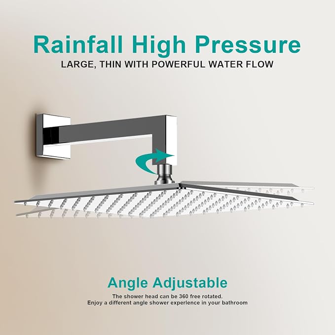 Square Rain Shower Head, High Flow Stainless Steel,Work with any decorative style，All Metal Rainfall Shower Head (Chrome, 12)