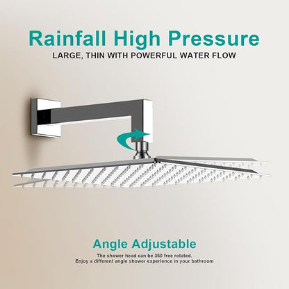 Square Rain Shower Head, High Flow Stainless Steel,Work with any decorative style，All Metal Rainfall Shower Head (Chrome, 12)