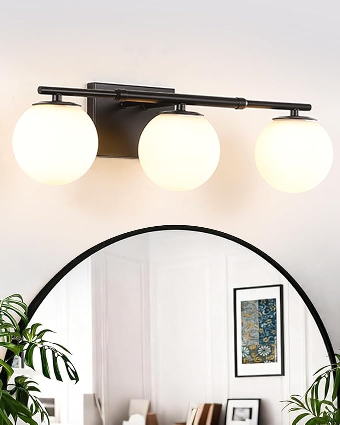 Bathroom Vanity Light Brushed Black 3T Wall Sconce for Mirror | Modern fixture Globe Glass Shade brightness, elivers even brightness. Sturdy metal resists rust. Dresser Bathroom over Mirror