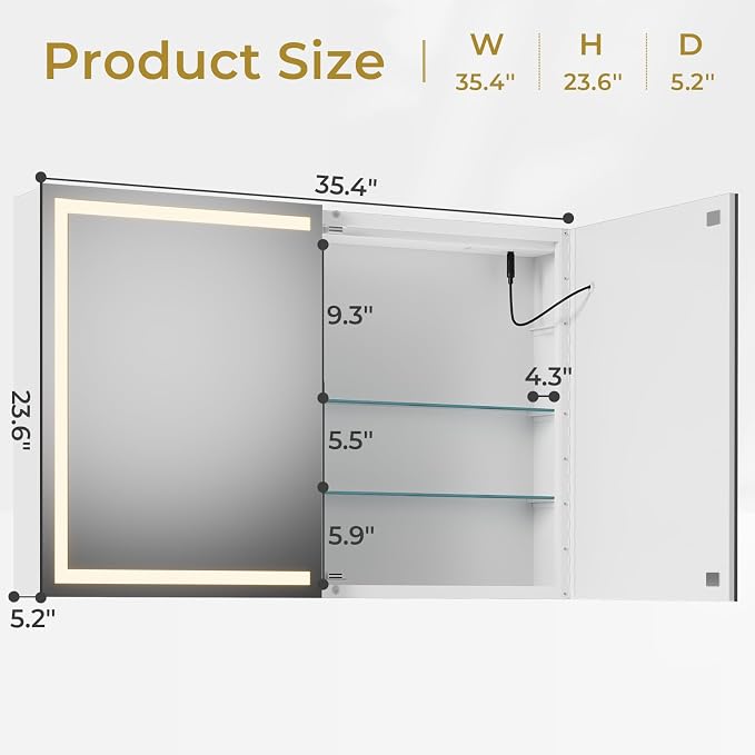 Hasuit Lighted Medicine Cabinet with Mirror, Wall Mounted Bathroom Mirror with Storage, 2 Doors Bathroom Wall Cabinet with LED Lights, 35.4'' x 23.6''