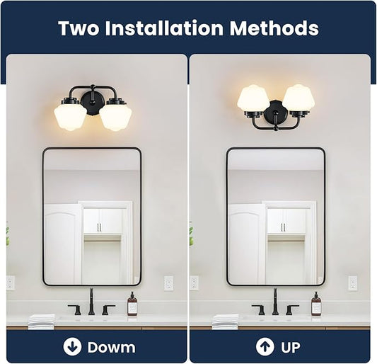 Bathroom Vanity Light Fixtures: 2-Light Black Bathroom Lighting Fixtures Over Mirror with Milky White Frosted Glass Shade, Farmhouse Modern Wall Light for Bath