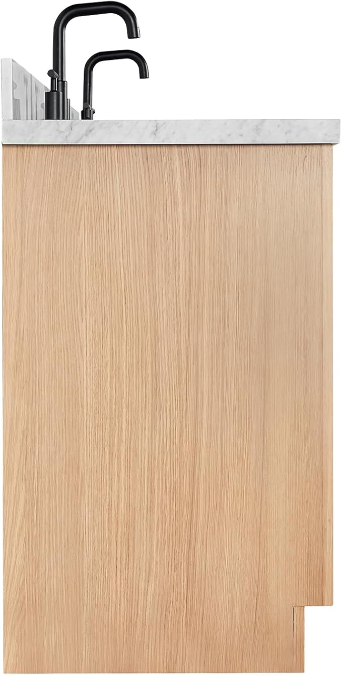 ARIEL Hepburn 60-inch Bathroom Vanity with Sink,Solid Wood, 1.5-inch Italian Carrara Marble Countertop, Double Rectangular Porcelain Sink, 4 Soft Closing Doors, 6 Dovetail Drawers, White Oak