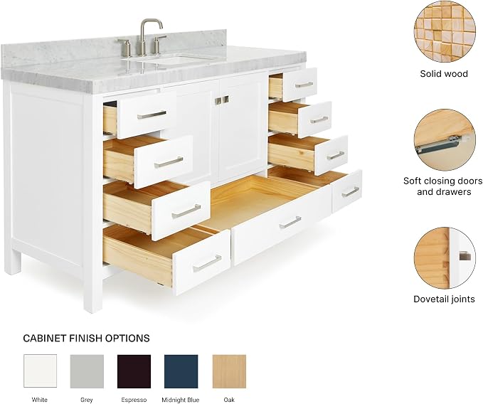ARIEL Cambridge 60-inch Bathroom Vanity with Sink,Solid Wood, 2-inch Italian Carrara Marble Countertop, Single Rectangular Porcelain Sink, 2 Soft Closing Doors, 9 Dovetail Drawers, White