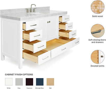 ARIEL Cambridge 60-inch Bathroom Vanity with Sink,Solid Wood, 2-inch Italian Carrara Marble Countertop, Single Rectangular Porcelain Sink, 2 Soft Closing Doors, 9 Dovetail Drawers, White