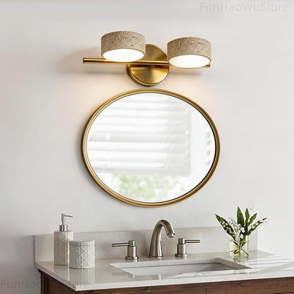 Led Bathroom Lighting Fixtures Over Mirror with 2 Travertine Shades,Vanity Lights Wall Lamp, 180° Rotatable Stone Lampshades Bathroom Lights, Modern Farmhouse Stone Sconces Gold
