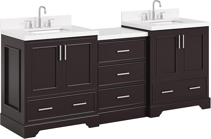 ARIEL Stafford 84-inch Bathroom Vanity with Sink,Solid Wood, 1.5in Carrara White Quartz Countertop, Double Rectangular Porcelain Sink, 4 Soft Closing Doors, 5 Dovetail Drawers, Espresso