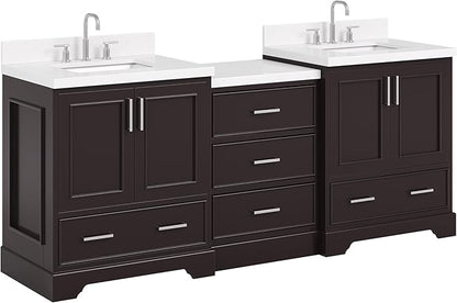 ARIEL Stafford 84-inch Bathroom Vanity with Sink,Solid Wood, 1.5in Carrara White Quartz Countertop, Double Rectangular Porcelain Sink, 4 Soft Closing Doors, 5 Dovetail Drawers, Espresso