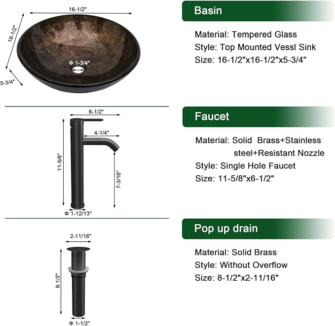 Sarlai Round Vessel Sink Tempered Glass Bathroom Vessel Sink with Faucet and Pop-up Drain Combo 16-1/2 x 16-1/2 Inch Brown Countertop Bathroom Sink Basin