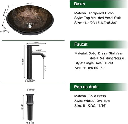 Sarlai Round Vessel Sink Tempered Glass Bathroom Vessel Sink with Faucet and Pop-up Drain Combo 16-1/2 x 16-1/2 Inch Brown Countertop Bathroom Sink Basin