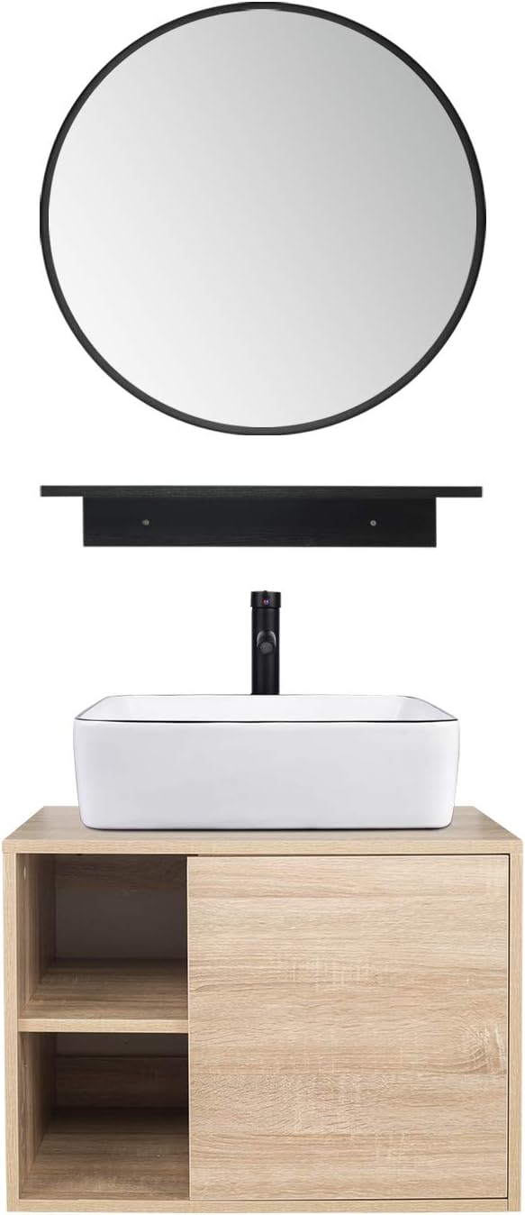 YOURLITE Cabinet Vanity, 24' White Ceramic Sink, Wall-Mounted, Floating Bathroom Cabinet with Mirror, Shelves & Faucet, 23.6x18.9x17(LxWxH)in