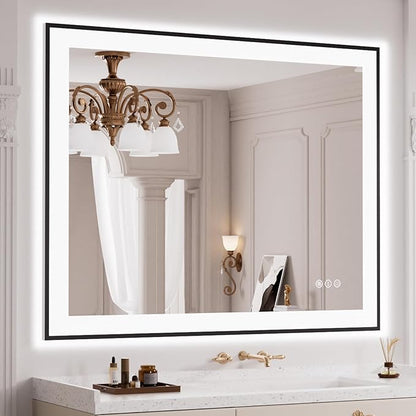 LOAAO 40"X30" LED Bathroom Mirror Black Framed | Anti-Fog, Dimmable, Memory Function, Tempered Glass, Lighted Vanity Mirror for Wall