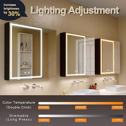30x28 Inch Aluminum LED Bathroom Mirror Cabinet with Backlit Panel | Light Adjustment, Anti-Fog, Sockets&USBs, High Capacity, Easy to Install