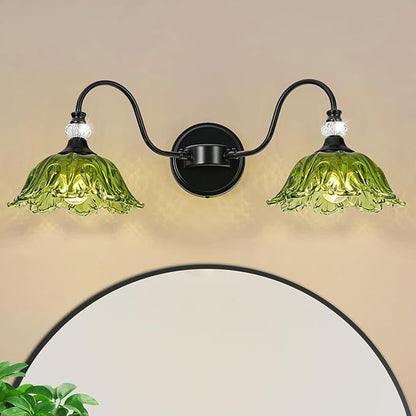 Black Bathroom Vanity Light, 2-Light Vanity Light with Floral Green Glass Shades,Vintage Farmhouse Wall Mount Lighting for Bathroom, Dressing Table