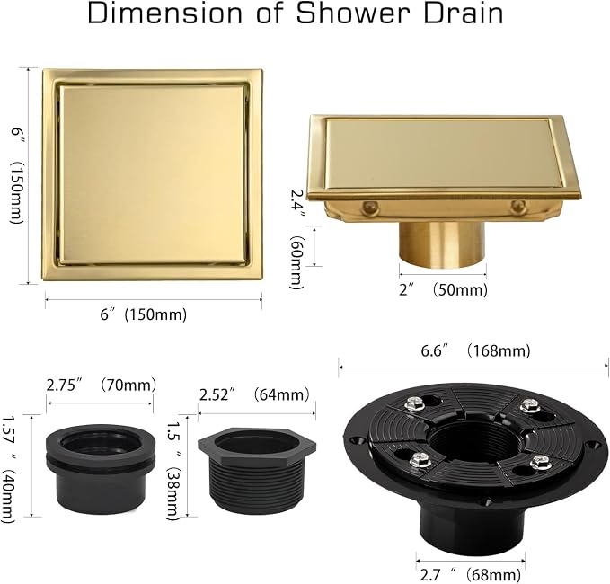 Square Shower Drain Gold 6 inch with 2 in 1 Tile-Insert Cover | AISI 304 Stainless Steel Brushed Shower Floor Drain with Removable Hair Catcher and Flange Fits Bathroom Balcony Kitchen