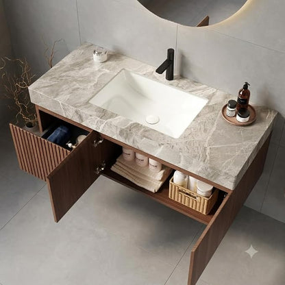 48 Inch Floating Bathroom Vanity with Sink, Modern Wall Mounted Bathroom Storage Vanity Cabinet with Sintered Stone Countertop, Brown Oak