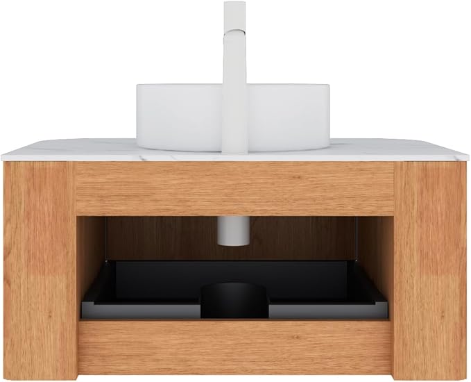 30'' Floating Vanity with Sink Combo, Modern Wall-Mounted Curved Edges Striped Bathroom Storage Cabinet with Soft-Close Drawer and White Artificial Marble Basin, Natural Walnut