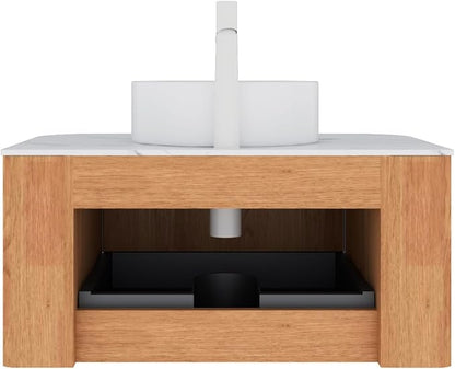 30'' Floating Vanity with Sink Combo, Modern Wall-Mounted Curved Edges Striped Bathroom Storage Cabinet with Soft-Close Drawer and White Artificial Marble Basin, Natural Walnut