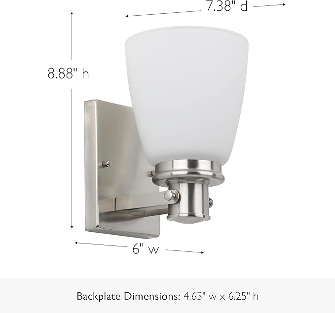 Design House Atkinson Wall Sconce, 1-Light, Frosted White Glass Shade, Dimmable, Up/Down Mountable, E26 Socket, Satin Nickel, 6.0 in L x 7.4 in W x 8.9 in H, 589515