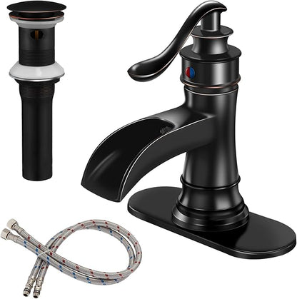 BWE Bathroom Sink Faucet Oil Rubbed Bronze Waterfall with Pop Up Drain Stopper Assembly Water Supply Hose Rustic Lead-Free Lavatory Vanity Bath Black Farmhouse Faucet Single Handle Mixer Single Hole